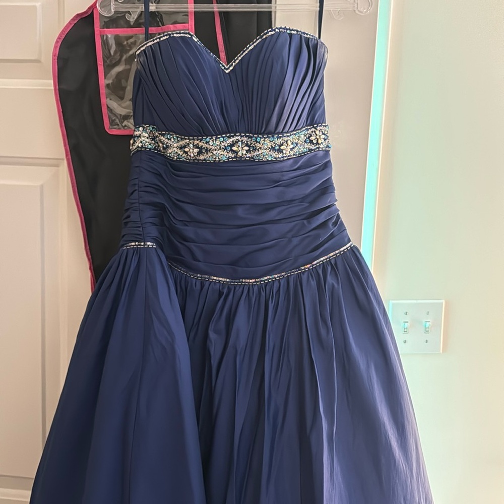 Navy strapless ball gown